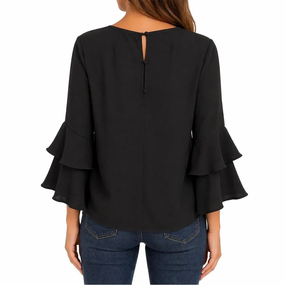 J.Crew Black Ruffle Sleeve Blouse Size 6 Keyhole Back Flowy Top - Picture 2 of 12